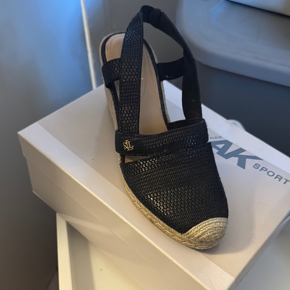 Ralph Lauren Black Woven Espadrille Wedge Sandals